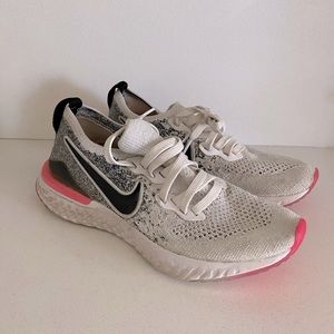 NIKE Epic React Flyknit 2 athletic sneakers pink white stretch knit